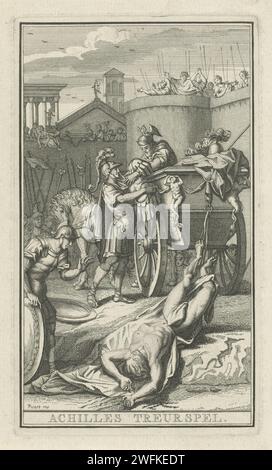 Achille avec le cadavre d'Hector derrière sa voiture de victoire, Bernard Picart (atelier ou), d'après Bernard Picart, 1710 - 1760 print Achille traîne le corps d'Hector, qui est attaché à sa voiture, le long des murs de Troie. Andromache regarde depuis le mur de la ville. Amsterdam gravure sur papier le corps d'Hector, attaché au char d'Achille, est traîné autour de la ville Banque D'Images