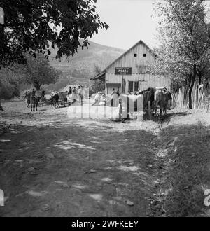 Comté de Vrancea, République socialiste de Roumanie, env. 1977. Des paysans attendent à l'extérieur d'un moulin à leur tour de faire broyer les grains. Banque D'Images