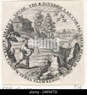 Parabole de de Zaaier, Crispijn van de passe (I), 1604 imprimer Un homme sème des graines dans son champ et une partie de la graine est mangée par les oiseaux (Luc 8 : 5-8). Le spectacle est pris dans un cadre rond avec un script de bordure en latin. Impression à partir d'une série avec des similitudes de Christ. Papier de Cologne gravant le semeur  parabole du Christ (Matthieu 13:3-9, Marc 4:3-9, Luc 8:5-8) Banque D'Images