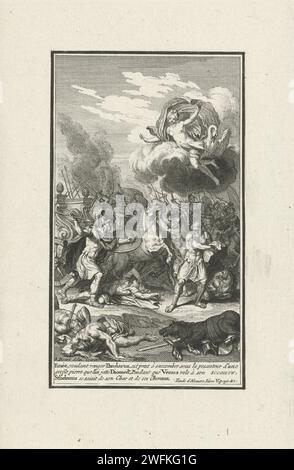 Énée veut sauver le corps de Pandarus, Bernard Picart (atelier ou), après Bernard Picart, 1710 print Énée tente de sauver le corps de Pandarus, mais est gênée par Diomède qui veut lui jeter une pierre. Vénus vient sur un nuage pour le sauver. Dans la marge une légende en français. Amsterdam papier gravure / gravure Énée tente de sauver le corps de Pandarus mais est frappé par une pierre lancée par Diomède ; Vénus vient à la rescousse d'Énée Banque D'Images