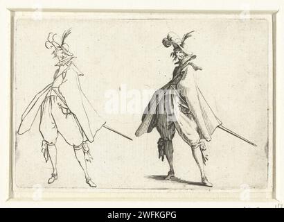 Deux fois le même homme avec manteau et épée, vu de devant, Jacques Callot, 1621 imprimer Un gentleman avec un chapeau et un manteau, une épée à gauche, vu de devant, montré deux fois: sur la gauche comme une figure de ligne, plus à droite a travaillé avec des parties de l'ombre. Ce tirage fait partie d'une série de 48 tirages (50 incl Page de titre et feuille de découpe) avec divers sujets (y compris les hommes et les femmes dans différentes postures, paysages, bâtiments et festivités à Florence). Ces impressions peuvent avoir été conçues comme des exemples de dessin. Nancy papier gravure tête-équipement : chapeau (+ vêtements pour hommes). manteau (+ vêtements pour hommes) Banque D'Images