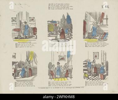 Seulement pour vous mes petites copines, / et seulement pour les filles, cette impression appartient [(...)], 1850 - 1870 imprimer feuille avec 6 représentations d'activités pour les filles, telles que le nettoyage et jouer du piano. Sous chaque image un verset de quatre lignes (sur l'alphabet). Numéroté en haut à droite : n° 106. Editeur : Amsterdamprint Maker : impression typographique en papier néerlandais jeux et jeux pour enfants. tâches ménagères. une personne jouant d'un instrument Banque D'Images