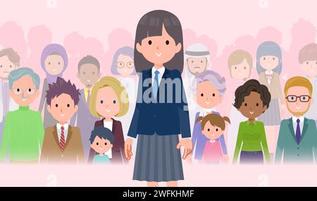 Un ensemble de femmes étudiantes blazer marine debout devant un grand nombre de personnes.c'est l'art vectoriel si facile à éditer. Illustration de Vecteur