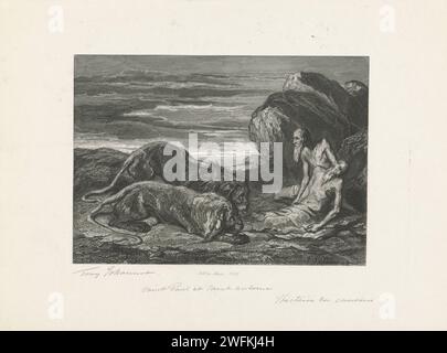 Visite de H. Antonius à H. Paulus de Kruizaar, Johannes de Mare, d'après Tony Johannot, 1845 print Saint Antonius a le corps sans vie de Saint Paul dans ses bras tandis que deux lions creusent une tombe pour lui parce qu'Antonius lui-même manque de pouvoir. Scène de la Legenda Aurea. papier. Gravure en acier au crayon St. Antony Abbot Buries St. Paul l'ermite. Banque D'Images