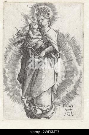 Madone avec enfant sur la Lune melon, Heinrich Aldegrever, d'après Albrecht Dürer, 1527 estampe Maria avec l'enfant Christ sur son bras droit, dans sa main gauche un sceptre, une couronne sur sa tête, debout sur un croissant de lune et entourée d'une couronne de jet. Allemagne papier gravure Madonna sur le croissant de lune (parfois appelée Reine du ciel) (en mandorla) Banque D'Images