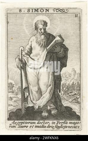 Apôtre Simon, Crispijn van de passe (I), 1574 - 1637 imprimer l'apôtre Simon, dos, un livre dans sa main gauche, avec sa main droite basée sur une scie. Il est scié en deux en arrière-plan. Dans la marge une légende en latin. Tirage d'une série avec les douze apôtres. Gravure sur papier de Cologne de l'apôtre Simon Zelotes (ou Simon le Cananéen) ; attributs possibles : livre, scie, parchemin. Martyre et mort de Simon Zelotes : il est scié en deux, ou battu à mort Banque D'Images
