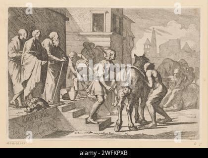 Départ du fils perdu, Pietro Testa, c. 1621 - 1650 imprimer le fils perdu marche sur son cheval et quitte sa maison parentale. A gauche trois hommes et trois personnages au dos du fond avec deux dromadaires. Prise de congé pour gravure sur papier de Rome et départ du fils prodigue. animaux à ongulés : dromadaire. cheval Banque D'Images
