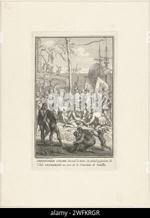 Colomb atterrit sur l'île de Guanahani, Bernard Picart, 1732 imprimer l'explorateur Christoffel Columbus arrive sur l'île de Guanahani (San Salvador). Il est accueilli par la population locale. En arrière-plan, une croix est érigée au nom de la couronne de Castille. Dans la marge, une légende bidirectionnelle en français. Amsterdam papier gravure / gravure personnes historiques. Peuples autochtones d'Amérique centrale Guanahani. San Salvador Banque D'Images