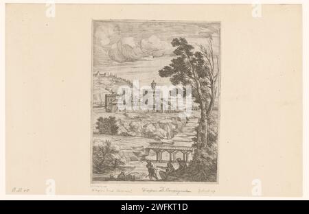 Paysage fluvial avec château et bergers, Jean-Baptiste Corneille (attribué à), d'après Annibale Carracci, 1659 - 1695 estampes sur des dessins du cabinet Jabach France gravure sur papier / rivière à la pointe sèche. troupeaux, bergers, bergers, bergers, bergers, bergers, vache, etc. troupeau, troupeau. forteresse Banque D'Images