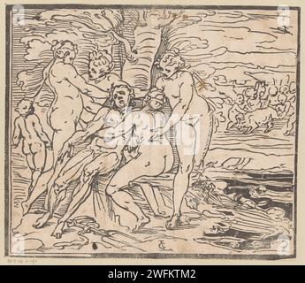 Vénus pleure pour la mort d'Adonis, monogrammiste GGN (attribué à), d'après Luca Cambiaso, 1537 - 1585 print Vénus et les trois grâces dans le cadavre d'Adonis. Putti à droite en arrière-plan et le sanglier, qui a tué Adonis pendant la chasse. Italie papier Vénus pleurant Adonis. Grâces (Charites), généralement au nombre de trois ; 'Gratie' (Ripa). (Histoire de) Cupidon, Amor (Eros). animaux à ongulés : sanglier Banque D'Images