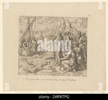 Christ raconte des similitudes avec un navire, Pieter Jalhea Furnius, d'après Gerard van Groeningen, 1579 print Christ est dans un bateau avec quatre étudiants et raconte la parabole du semeur à la foule sur la rive. Sur la droite en arrière-plan le semeur, semant des graines dans le champ. Sous le spectacle une référence en latin au texte de la Bible en mat. 14. Toutefois, il doit s ' agir de Mattheus 13 : 1. Sous le texte latin une légende manuscrite en français. Imprimeur : Southern Netherlandspublisher : Anvers gravure sur papier Christ prêchant depuis un bateau. Le semeur  parabole de Christ (Matthieu 13:3-9, Marc 4:3-9, Luc 8:5-8) Banque D'Images