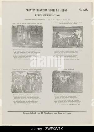 Johannes Henricus Nieuwold. - N. nov. 17 1737, déc. Juillet 30, 1812, 1850 - 1881 imprimer feuille avec 4 représentations de la vie de Johannes Henricus Nieuwold. Au-dessus de chaque image un titre, sous chaque image un verset de huit lignes. Numéroté en haut à droite : n° 128. Editeur : Leidenprint fabricant : pays-Bas papier typographie imprimant des personnes historiques Banque D'Images