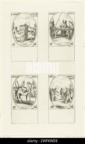 Saint Niceforus et Gezellen, Saint Nestor, Saint Julian, Traduction des restes d'Augustin (25-28 février), Jacques Callot, 1632 - 1636 imprimer feuille avec quatre représentations ovales, chacune avec inscription et date en latin: en haut à gauche du Saint niceforus dans un grand pot ou arbre creux avec des trous où les gens insèrent des bâtons, en haut à droite du Saint nestor qui est torturé sur un rack, en dessous du Saint Julian sur un chameau, en bas à droite le cercueil avec les restes de Saint Augustin entouré par le clergé et les nobles. Cette impression fait partie d'une série d'impressions avec des représentations des saints et t Banque D'Images