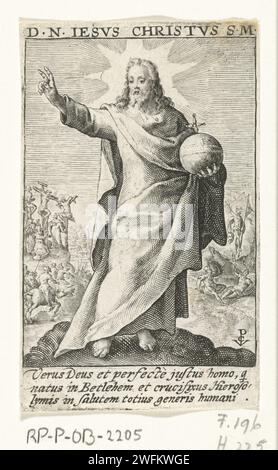 Christ comme Salvator Mundi, Crispijn van de passe (I), 1574 - 1637 imprimer le Christ garde une pomme riche dans sa main gauche et de sa main droite il fait un geste de bénédiction. Il y a crucifixion et résurrection en arrière-plan. Dans la marge, une légende à trois faces en latin. Print fait partie d'une série avec les douze apôtres. Gravure sur papier de Cologne 'Salvator Mundi', faisant un geste de bénédiction ; un orbe dans sa main ou à ses pieds. Résurrection du Christ. La crucifixion de Christ : la mort de Christ sur la croix ; Golgotha (Matthieu 27:45-58, Marc 15:33-45, Luc 23:44-52, Jean 19:25-38) Banque D'Images