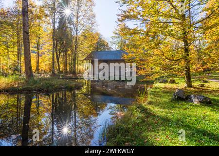 Ettal : Hundinghütte (Hut de Hunding) dans le château Linderhof, couleurs d'automne à Oberbayern, Garmisch-Partenkirchen, haute-Bavière, Bayern, Bavière, Banque D'Images