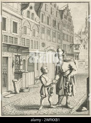 Jakob Böhme rencontre un homme pour le cordonnier, Joseph Mulder (possible), après Jan Luyken, 1686 print Jakob Böhme, garçon en cuir dans un cordonnier, a une conversation dans la rue avec un étranger qui lui prédit un avenir divin. Jakob Böhme est devenu connu comme mystique et théosoof. Amsterdam gravure de papier / gravure chaussure-fabricant, cordonnier. saisir quelqu'un par la main ou le poignet ; les mains serrées. rue du village Banque D'Images