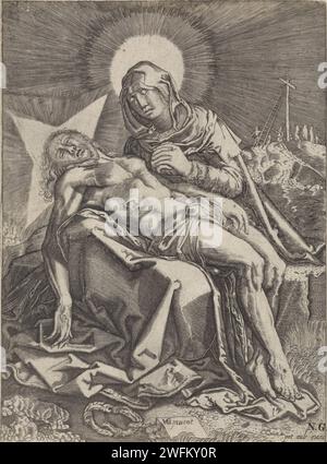 Piëta, anonyme, d'après Hendrick Goltzius, 1628 - 1686 imprimer Marie avec le Christ décédé dans ses bras, le béguant, assis sur une pierre. Strasbourg (France) gravure sur papier 'Pietà', 'Vesperbildd', 'Marienklage' (pas d'autres présents) : Christ, avec ou sans couronne d'épines, pleuré par Marie. Le Christ mort sur les genoux de Marie Banque D'Images