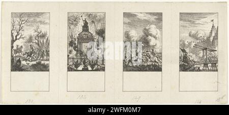 Quatre épisodes de l'histoire nationale, Simon Fokke, 1722 - 1784 imprimer Magazine Uncuted avec quatre représentations de l'histoire nationale. De gauche à droite : Guillaume III, prince d'Orange tombe de son cheval ; paix ; bataille de Malplaquet ; échec de l'attaque sur Nimègue par les Français menés par Louis François, duc de Boufflers. Amsterdam papier gravure d'événements et de situations historiques. personnages historiques (portraits et scènes de la vie) Banque D'Images