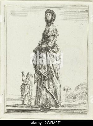 Jeune femme habillée selon la mode d'environ 1650, à gauche, Stefano della Bella, 1620 - 1664 au premier plan une dame avec voile sur la tête, marchant à gauche. En arrière-plan une dame marchant avec son cavalier. Robe de gravure en papier Paris, robe (+ vêtements pour femmes). vêtements, costume (+ vêtements pour femmes). voile (+ vêtements pour femmes). cou-équipement : col (+ vêtements pour femmes) Banque D'Images