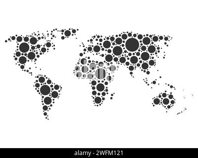 Mosaïque de cartes du monde de points gris de différentes tailles sur fond blanc. Illustration vectorielle. Thème d'arrière-plan de la carte du monde. Illustration de Vecteur