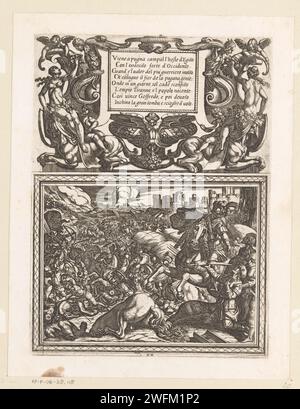 Illustration au Canto XX de Tasso 'Gerusalemme Liberata', Antonio Tempesta, 1565 - 1630 print cadre décoratif ornemental avec une surface avec huit vers italiens au sommet. Au fond d'une représentation au Canto XVII de 'Gerusalemme Liberata' de Tasso. Altamore, le roi de Sarmachand, s'agenouille devant Godfried van Bouillon qui le représente à cheval. Une bataille pour Jérusalem a lieu en arrière-plan. Italie gravure sur papier (scènes de) œuvres littéraires spécifiques : Tasso, Gerusalemme Liberata. knight. prosélytisme militant : guerre religieuse, croisade, etc. ornements  art. ornement  c Banque D'Images