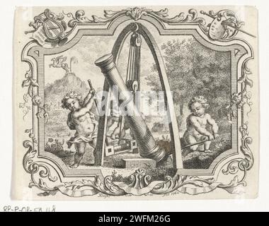 Trois putti mis en place colonne avec palan, dans cartouche, Abraham Delfos, 1762 imprimer trois putti mis en place colonne à l'aide de palan, peut-être la colonne symbolise la force. En arrière-plan le mont Parnassus et Flying Pegasus. En cartouche avec palette de peinture et instruments de musique. Leiden papier gravure Fortitude, 'Fortitudo'  l'une des quatre vertus cardinales. cupidons : 'amores', 'amoretti', 'putti' Banque D'Images