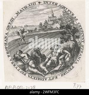 Parabole du diable qui sème les mauvaises herbes entre les grains, Crispijn van de passe (I), 1604 print pendant que les gens dorment dans leur champ, le diable sème les mauvaises herbes entre les grains (Matthieu 10 ; 24-29). Le spectacle est pris dans un cadre rond avec un script de bordure en latin. Impression à partir d'une série avec des similitudes de Christ. Gravure sur papier de Cologne pendant que le semeur et ses serviteurs dormaient, son ennemi (le Diable) semait de l'ivraie parmi le blé Banque D'Images