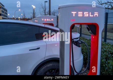 Tesla Supercharger Station, Schnellladesäulen der Firma Tesla, Paderborn, NRW, Deutschland Tesla Supercharger *** Tesla Supercharger Station, Tesla stations de recharge rapide, Paderborn, NRW, Allemagne Tesla Supercharger Banque D'Images