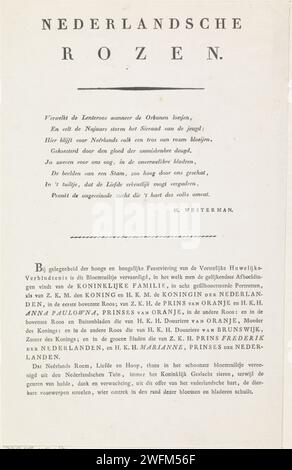 Texte aux roses avec des portraits de silhouette de Willem I Frederik, roi des pays-Bas, Wilhelmina van Pruisen, leurs enfants, sa mère et sa sœur, Marten Westerman, 1815 - 1819 feuilles de texte impression typographique sur papier Banque D'Images