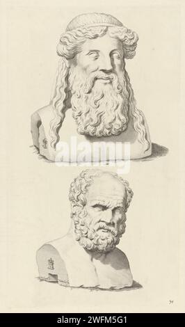 Bustes van PlatoGen in Diogène, Michel Natalis, 1640 imprime deux sculptures romaines. Au-dessus du portrait de Platon avec barbe et cheveux longs. Sur le côté gauche de l'image, les armoiries de Vincenzo Giustiniani. Sous le buste de Diogène. Sur le côté gauche de l'image, les armoiries de Vincenzo Giustiniani. Imprimer à partir d'une série de sculptures de la collection de la Galleria Giustiniani à Rome. gravure sur papier de personnes masculines de l'histoire classique (+ tête, buste, etc.). pièce de sculpture, reproduction d'une pièce de sculpture Banque D'Images