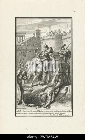 Achille au cadavre d'Hector derrière sa voiture de victoire, Bernard Picart (atelier ou), d'après Bernard Picart, 1710 estampe Achille traîne le corps d'Hector, qui est attaché à sa voiture, le long des murs de Troie. Andromache regarde depuis le mur de la ville. Dans la marge une légende en français. Amsterdam gravure sur papier le corps d'Hector, attaché au char d'Achille, est traîné autour de la ville Banque D'Images