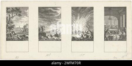 Quatre épisodes de l'histoire nationale, Simon Fokke, 1722 - 1784 imprimer Magazine Uncuted avec quatre représentations de l'histoire nationale. De gauche à droite : siège et conquête de Naarden par Guillaume III, prince d'Orange ; Schout-Bij Night David Vlight tué lors de la première bataille sur Schooneveld ; saut de la tour Kruud à Heusden ; paix de Westminster. Amsterdam papier gravure d'événements et de situations historiques. Personnages historiques (portraits et scènes de la vie) Heusden Banque D'Images