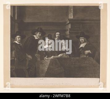 Staalmeesters, Richard Houston, d'après Rembrandt van Rijn, 1774 imprimer la peinture de Rembrandt de 1662 des maîtres de l'acier : le Collège des Staalmeesters (Waardijns) de la Guilde des Breiders Laken d'Amsterdam, ensemble autour d'une table sur laquelle se trouve un tapis persan, sur la table le livre en acier ouvert. Proposés (de gauche à droite) : Jacob van Loon, Volckert Jansz, Willem van Doeyenburg, le serviteur Frans Hendricksz Bel, Aernout van der Mye et Jochem de Neve. Au-dessus de la cheminée une peinture avec une balise allumée. Imprimeur : Englandpublisher : London paper Historical persons (+ State-portrait). Banque D'Images