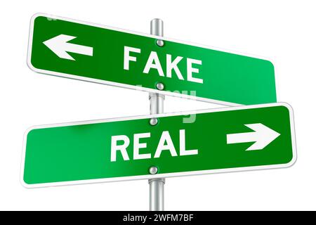 Faux ou réel. Panneau de signalisation opposé, rendu 3D isolé sur fond blanc Banque D'Images