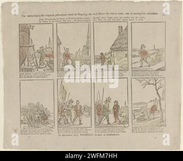 Pour immortaliser l'événement suivant, le gouvernement de la ville de Hoorn a fait ce verset dans Steen, Handen on the Westerpoort (...), Alexander Cranendoncq (peut-être), 1819 - 1840 print feuille avec 8 représentations sur Lambert Melisz. Lambert Melisz de Zaandam mit sa vieille mère mal courue sur un traîneau en février 1574 et s'enfuit avec elle dans le froid rude sur la glace, en chemin, ils furent attrapés par les Espagnols. Lorsque les soldats ont trouvé le jeune avec sa mère battante cachés sous des couvertures, ils ont été tellement agités de telle sorte que les deux ont été laissés intacts. Après un dur voyage, Lamber Banque D'Images