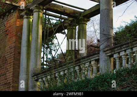 Vieilles colonnes altérées et balustrade d'un bâtiment abandonné au feuillage envahi. Banque D'Images