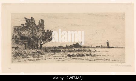 Vue du Loosdrechtse Plassen, Carel Nicolaas tempête de 's-Gravesande, v. 1880 impression sur la gauche sur la rive une maison et des arbres. Entre les roseaux, il y a un personnage avec un bâton sur un bateau. Gravure de papier pays-Bas / lac de point sec (+ paysage avec des figures, personnel). Poling, punting Loosdrechtse Plassen Banque D'Images