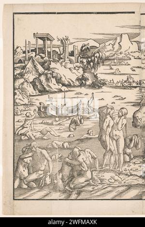 Inondation (moitié gauche), Nicolò Boldrini (attribué à), d'après Titien, c. 1540 imprimer les hommes et les femmes essaient de se mettre en sécurité et d'autres pendant l'inondation. A droite un temple et sur l'eau l'Arche de Noé. Venise papier l'arche flotte sur les eaux, tandis que la vie sur terre est détruite  histoire de Noé Banque D'Images