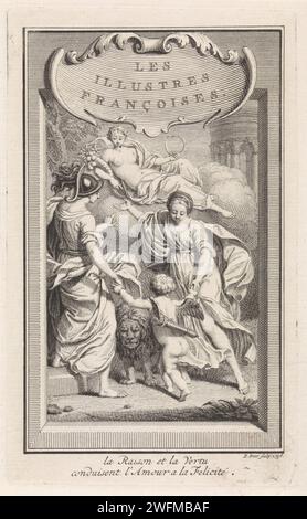 La raison et la vertu amènent Amor au bonheur, Pieter Yver, 1736 imprimer raison et vertu Prenez Amor par la main et menez-le au bonheur. Ce dernier repose sur un nuage avec une corne d'abondance et un serpent circulaire comme symbole d'éternité dans la main. En haut un cartouche avec un titre en français. Amsterdam papier gravure / gravure raison ; 'Ragione' (Ripa). Une vertu vs figure représentant un Vice (+ variante). (Histoire de) Cupidon, Amor (Eros). Bonheur, félicité (+ personnification) Banque D'Images