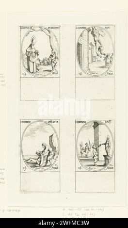 Saint Brictius de Tours et Saint Aemilianus cucullatus, Sacré Serapion d'Alger, Saint Eugénie de Paris, Saint Edmundus van Abingdon (13-16 novembre), Jacques Callot, 1632 - 1636 imprimer feuille avec quatre représentations ovales, chacune avec inscription et date en latin: en haut à gauche le Saint Brictius de Tours avec du charbon incandescent dans un bâtiment de ses vêtements et le Saint Aemilianus cucullatus jouant sur son sifflet, en haut à droite du Saint Sérapion d'Alger qui de l'un des bâtiments, en bas à gauche le Saint Eugénie de Paris qui tire un homme hors de la mer dans la plage, en bas à droite Saint Ed Banque D'Images