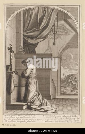 Heilige Bruno à Gebed, François Chauveau, d'après Eustache Lesueur, 1623 - 1676 imprimer Saint Bruno en prière, Raymond Diocrès est enterré en arrière-plan. Imprimeur : Parisafter peinture par : Pariséditor : ParisFrance gravure sur papier / gravure le fondateur de l'ordre des Chartreux, Bruno ; attributs possibles : croix, doigt sur les lèvres, lys, mitre à ses pieds, branche d'olivier, rayon de lumière, crâne, (sept) étoile(s). Dévotion personnelle de St. Bruno - saint mâle méditant, en ecstasy Banque D'Images