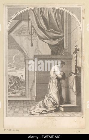 Heilige Bruno à Gebed, François Chauveau, d'après Eustache Lesueur, 1623 - 1676 imprimer Saint Bruno en prière, Raymond Diocrès est enterré en arrière-plan. Imprimeur : Parisafter painting by : Parispublisher : ParisFrance gravure sur papier / gravure / contre-preuve le fondateur de l'ordre des Chartreux, Bruno ; attributs possibles : croix, doigt sur les lèvres, lys, mitre à ses pieds, branche d'olivier, rayon de lumière, crâne, (sept) étoile(s). Dévotion personnelle de St. Bruno - saint mâle méditant, en ecstasy Banque D'Images