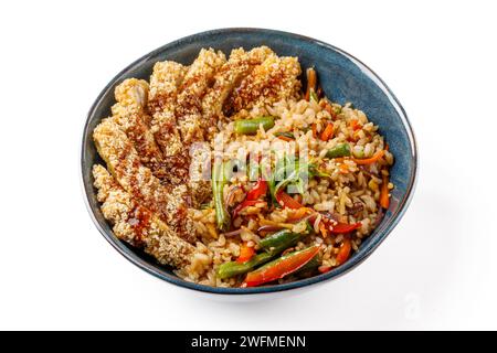 Riz Hibachi avec schnitzel de poulet sur une photo de cuisine studio de fond blanc Banque D'Images