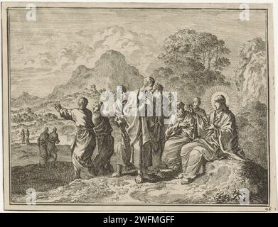 Christ diffuse les douze apôtres, Jan Luyken, 1712 print Amsterdam paper gravure Christ envoie des apôtres par paires (Matthieu 10:1-16, Marc 6:7-5, Luc 9:1-11) Banque D'Images