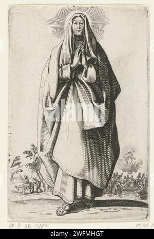 Maria, Anonyme, d'après Jacques Callot, 1631 - 1699 imprimer Maria, en entier, les mains ensemble comme dans la prière. En arrière-plan à gauche le vol vers l'Egypte et à droite l'Ascension de Marie. Cette estampe fait partie d'une série de (probablement) 16 estampes, consistant en une page de titre et (probablement) 15 portraits, représentant Christ, Marie et les apôtres ; c'est une série de copies en image miroir des soi-disant «grands apôtres». France (peut-être) gravure sur papier Marie comme orante (parfois appelé 'Blacherniotissa'). La fuite en Egypte : Marie, Joseph, l'enfant (et parfois d'autres) sur leur chemin; Banque D'Images