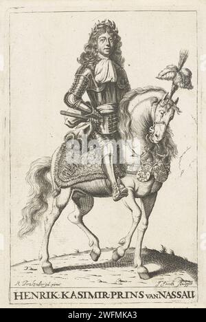 Portrait de Hendrik Casimir II, Prince de Nassau, Johannes Jacobsz Folkema, d'après Richard Brakenburg, 1682 - 1726 tirage Portrait de Hendrik Casimir II, Prince de Nassau, à cheval. Bolsward papier gravure équestre State-portrait Banque D'Images