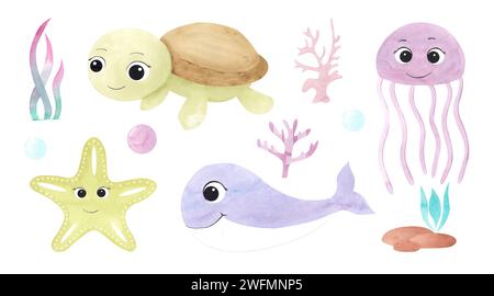 Ensemble d'aquarelle de beaux animaux marins mignons avec de grands yeux : tortue, baleine, étoile de mer, méduses et coraux. Illustrations pour la conception, invitations, bébé Banque D'Images