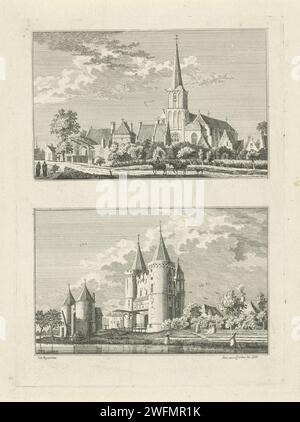 Kleefse et Hanselersche Poort dans Kalker, Paulus van Liender, d'après Jan de Beijer, 1758 impriment deux représentations d'une planche. Visages sur le Kleefse Poort (ci-dessus) et le Hanselersche Poort (ci-dessous) à Kalkar, Allemagne. L'estampe fait partie d'une série en 100 parties avec des visages sur des villages et des villes du Kleef. gravure de papier vue sur la ville, et paysage avec des constructions artificielles. City-gate se lève Banque D'Images