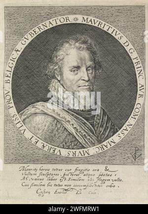 Portrait de Maurits, Prince d'Orange, Crispijn van de passe (I), 1615 tirage Portrait de Maurits dans un cercle avec bord. Quatre lignes de texte latin dans la marge inférieure. Imprimeur : Utrechtcolognepublisher : Utrecht gravure sur papier / gravure / impression typographique Banque D'Images