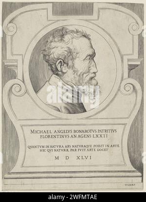 Portrait de l'artiste Michelangelo, Giulio Bonasone, d'après Enea Vico, 1546 copies Italie gravure sur papier / gravure de personnages historiques. portrait, autoportrait d'artiste Banque D'Images